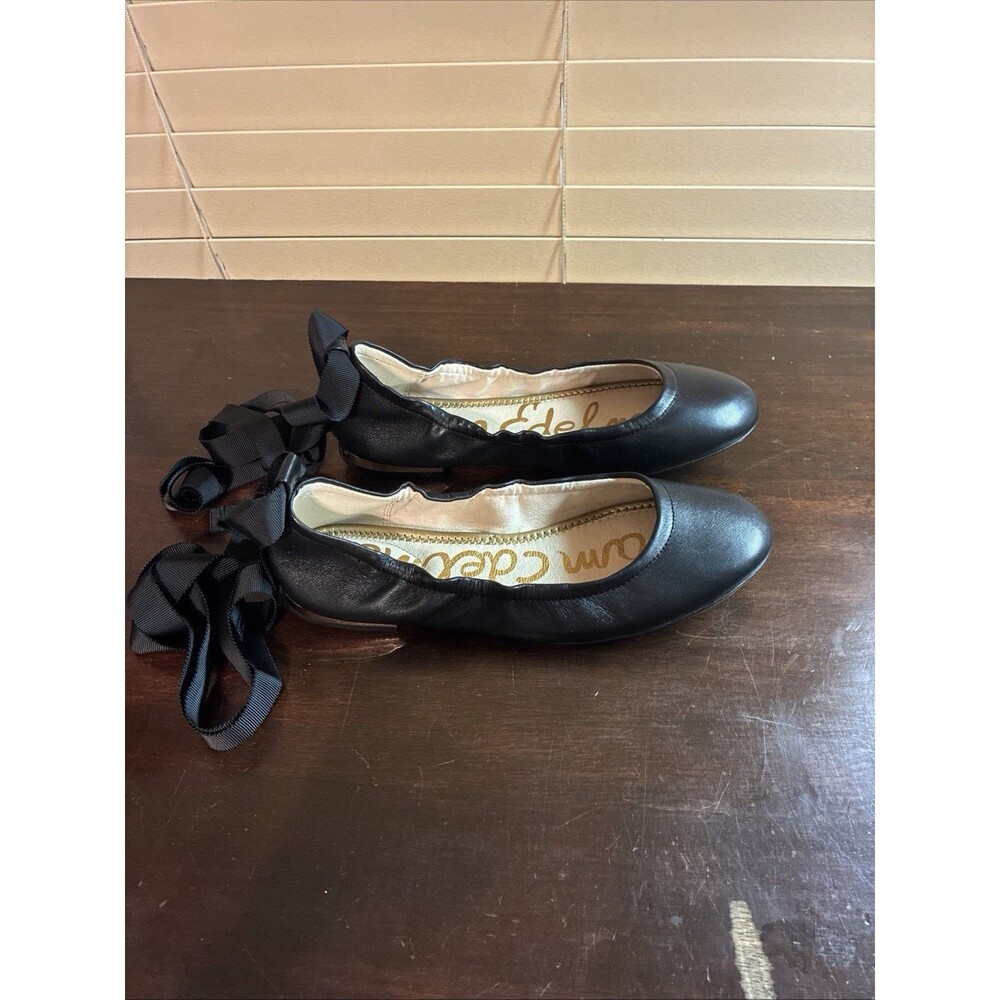 Sam Edelman Felicia Shoes 6.5 Ballet Flats Black Leather Slip On W/Ribbon